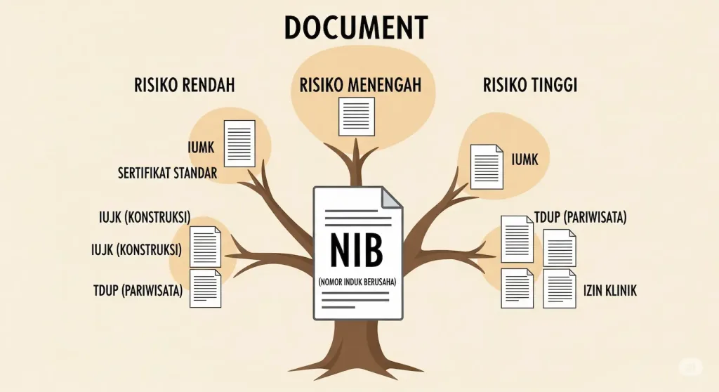 Diagram pohon yang menjelaskan berbagai jenis perizinan usaha di Indonesia, mulai dari NIB sebagai akar hingga izin sektoral sebagai cabang.