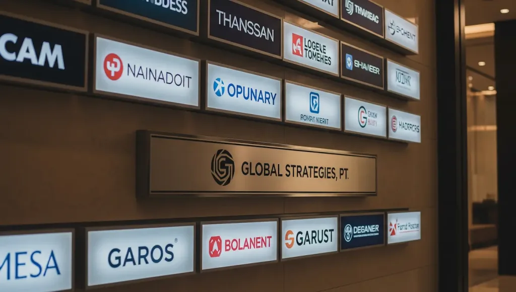 Papan nama sebuah kantor PMA di Jakarta yang terpasang di direktori gedung bergengsi, menunjukkan legalitas dan kredibilitas.