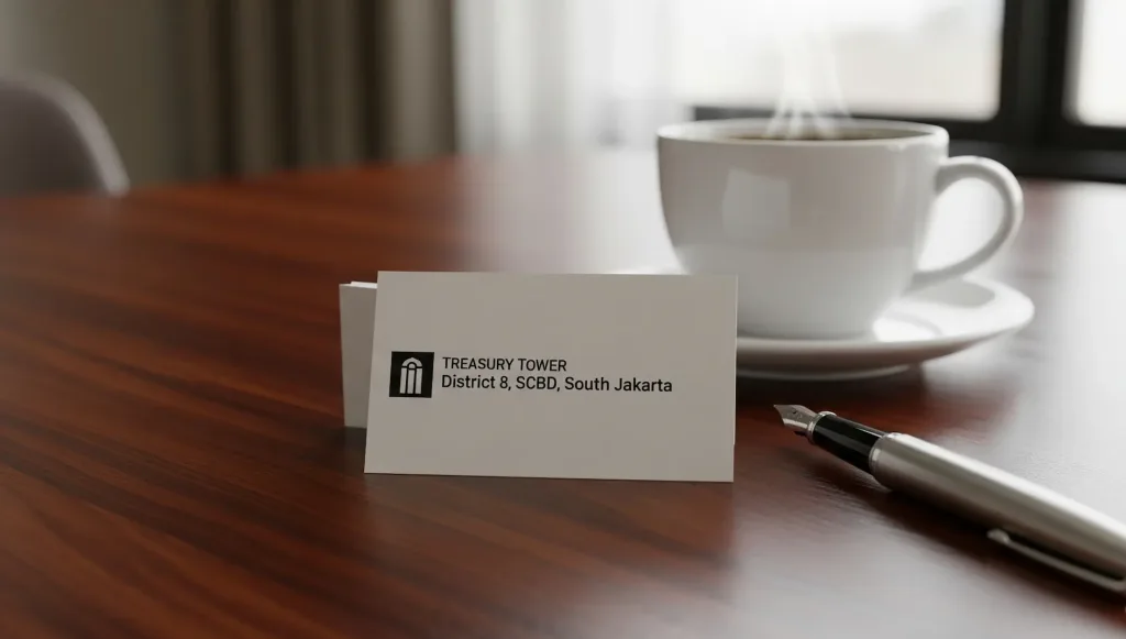 Sebuah kartu nama dengan alamat kantor premium di Jakarta Selatan, menunjukkan kredibilitas bisnis.