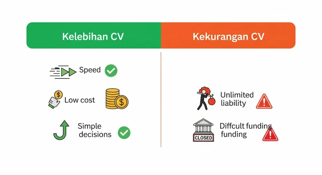 Infografis yang membandingkan kelebihan dan kekurangan CV sebagai bentuk badan usaha.