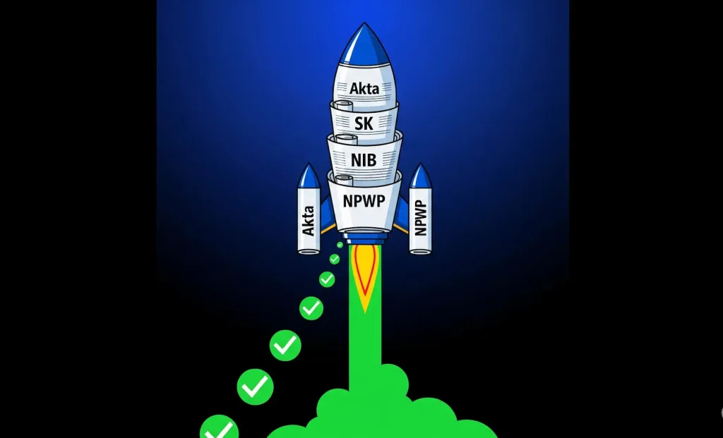 Sebuah roket yang terbuat dari dokumen legalitas PT sedang meluncur, melambangkan layanan jasa pendirian PT dari Skailaw yang cepat.