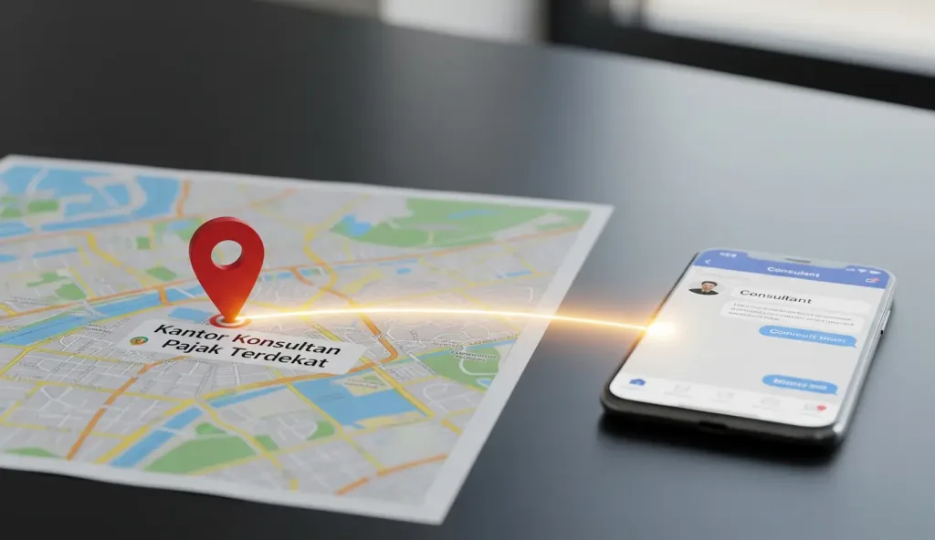 Sebuah peta dengan pin lokasi di kantor konsultan pajak terdekat terhubung dengan sebuah ikon komunikasi digital, melambangkan gabungan kedekatan fisik dan digital.