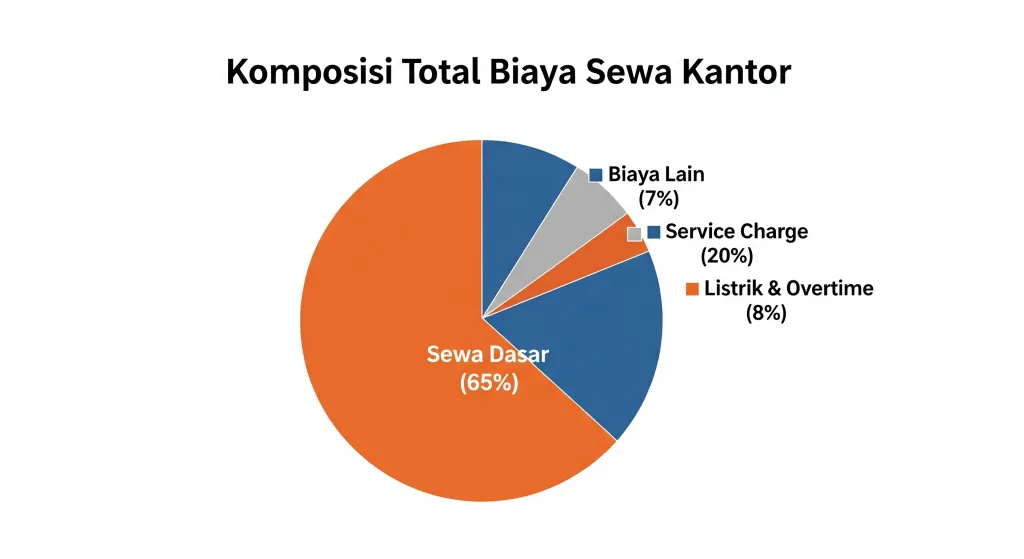 Diagram lingkaran yang menunjukkan komposisi total biaya sewa kantor di Jakarta Selatan, termasuk biaya tersembunyi.