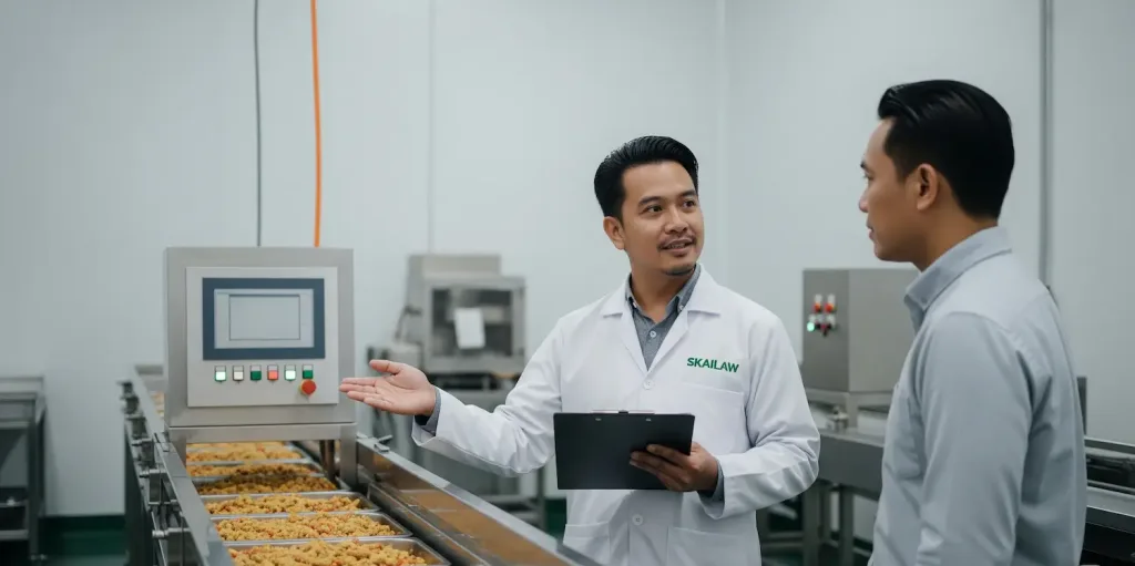 Seorang konsultan BPOM dari Skailaw sedang mendampingi klien di fasilitas produksi makanan, memastikan semua syarat BPOM terpenuhi.