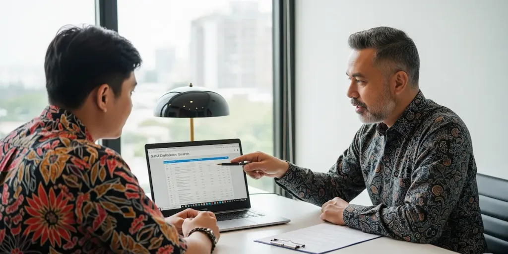 Seorang konsultan HKI dari Skailaw sedang menjelaskan hasil penelusuran merek kepada kliennya.