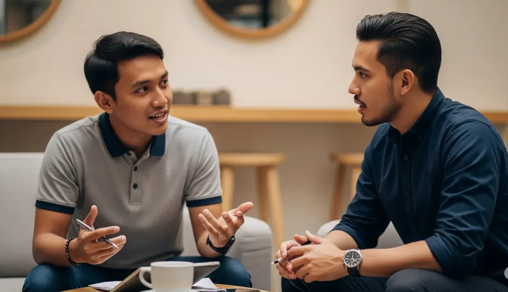 Seorang founder startup sedang melakukan diskusi yang intens dan kolaboratif dengan konsultan hukum startup di sebuah co-working space.