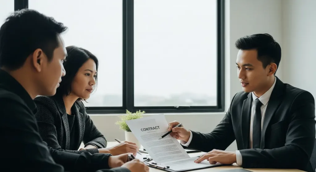 Seorang konsultan kontrak dari Skailaw sedang memberikan nasihat dalam sebuah negosiasi perjanjian usaha antara dua pihak.