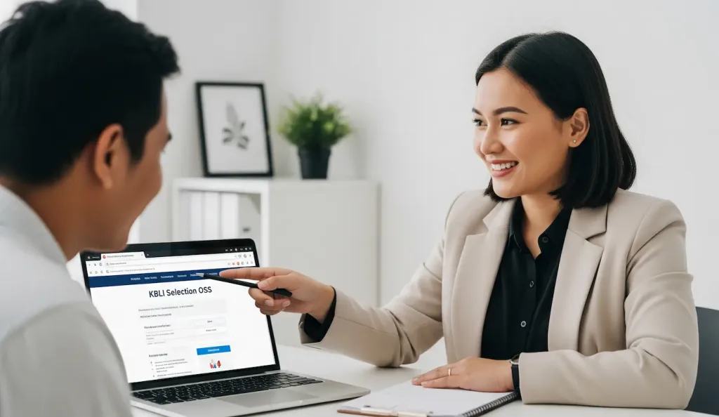 Seorang konsultan dari Skailaw sedang memberikan panduan kepada klien mengenai pemilihan KBLI yang tepat pada laman OSS.