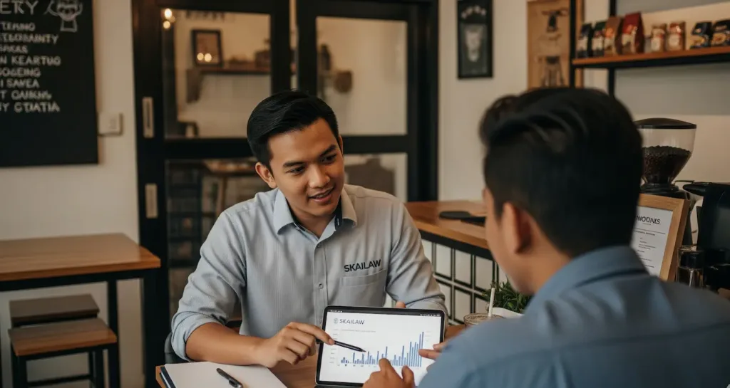 Seorang konsultan pajak dari Skailaw dengan ramah mendampingi pemilik UMKM di tempat usahanya.