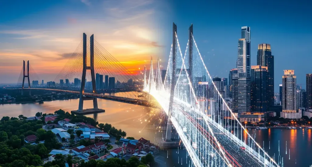 Jembatan Suramadu yang ikonik terhubung dengan lanskap bisnis Jakarta melalui jembatan data digital, melambangkan jasa konsultan pajak Surabaya yang modern.