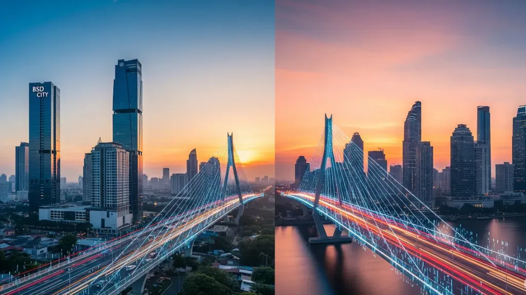 Jembatan digital yang menghubungkan kawasan bisnis BSD, Tangerang dengan pusat bisnis di Jakarta, melambangkan jasa konsultan pajak yang modern.