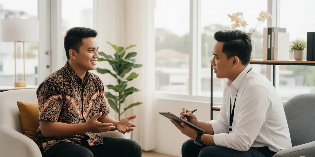 Seorang klien bisnis sedang berkonsultasi dengan perwakilan dari Skailaw, sebuah biro jasa legalitas yang profesional dan modern.