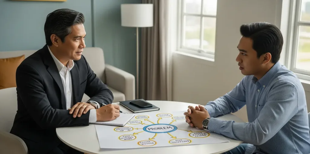 Seorang konsultan hukum bisnis dari Skailaw sedang memberikan nasihat yang pragmatis dan berorientasi solusi kepada kliennya.