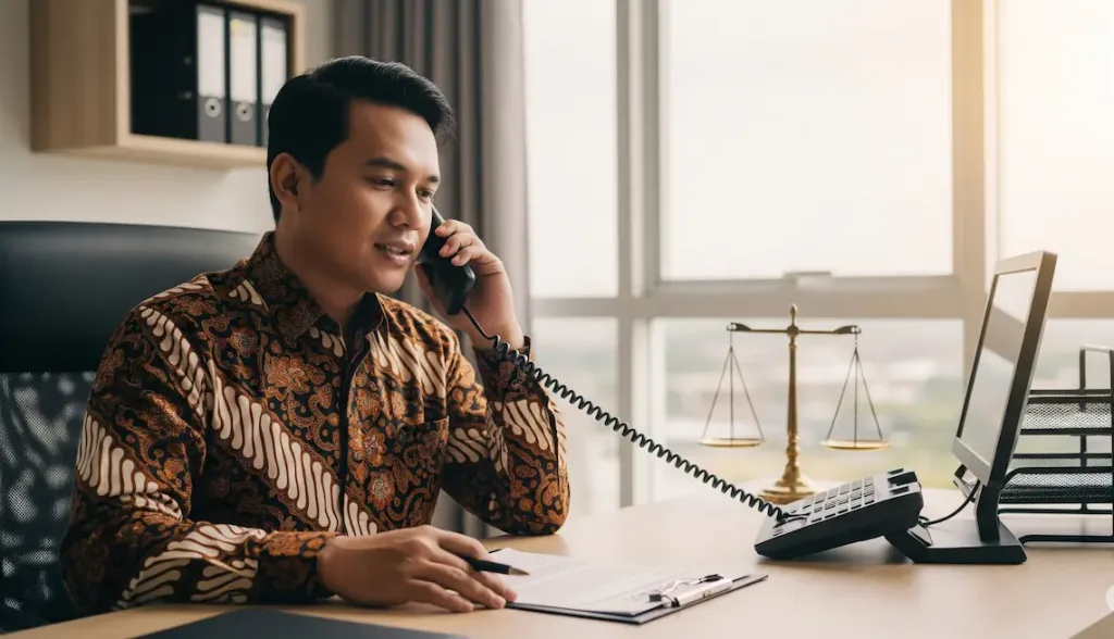 Seorang pemilik bisnis sedang melakukan panggilan telepon dengan retainer lawyer-nya dengan ekspresi tenang, menunjukkan kemudahan akses.