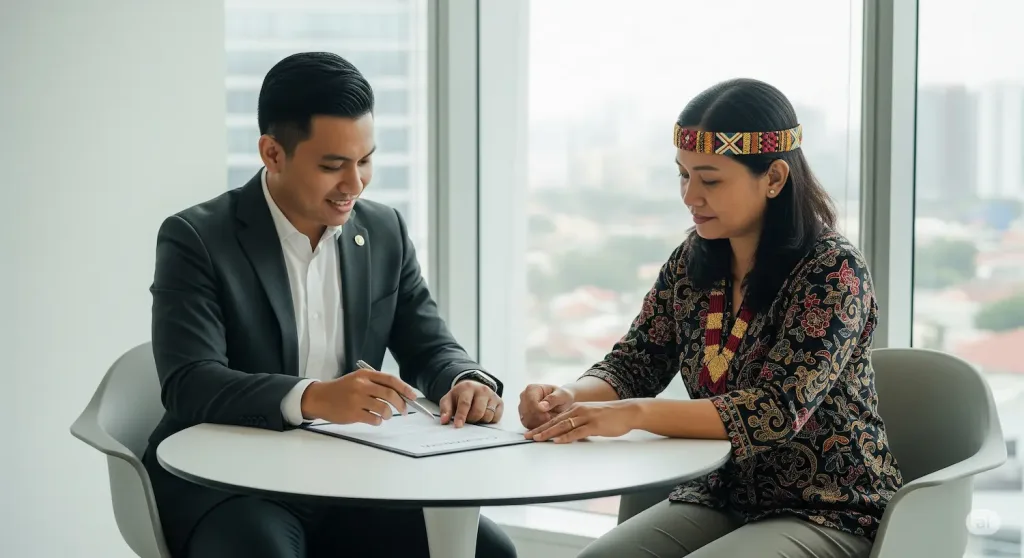 Seorang konsultan hukum dari Skailaw sedang memberikan konsultasi kepada klien mengenai draf kontrak bisnis di kantornya.