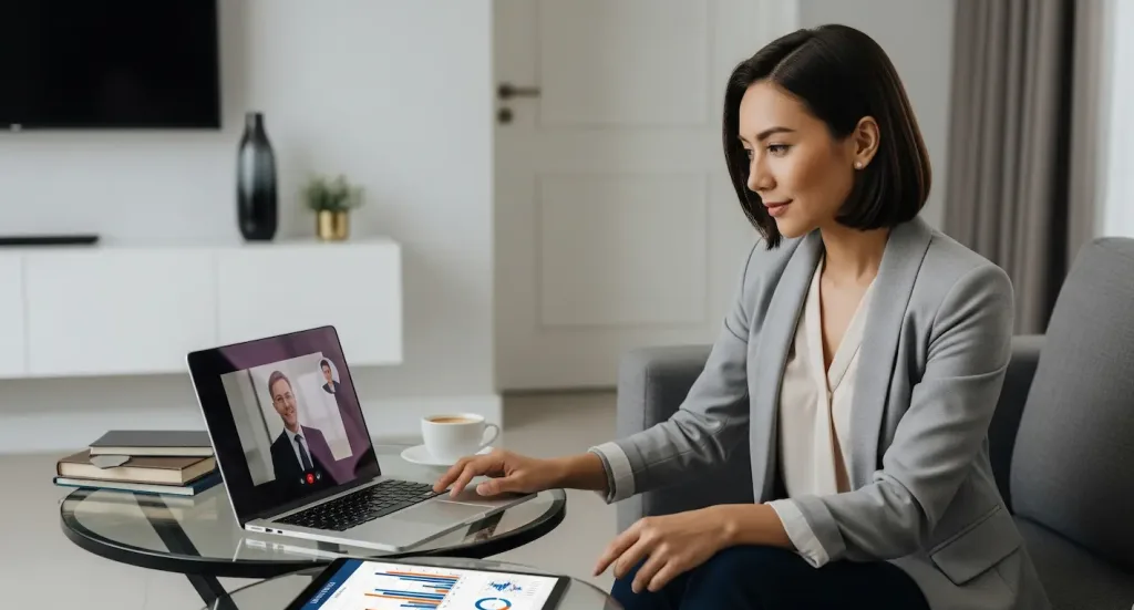 Seorang profesional yang sukses sedang melakukan konsultasi pajak pribadi secara virtual dengan konsultan ahli untuk mengoptimalkan keuangannya.