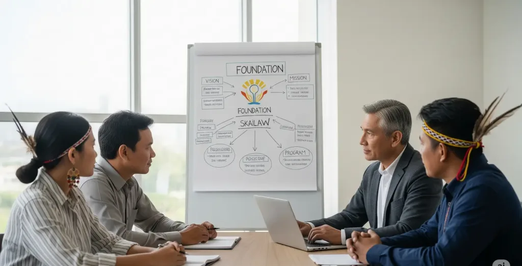 Tim pendiri sebuah yayasan sedang melakukan diskusi yang mendalam dengan konsultan dari Skailaw mengenai visi dan misi yayasan mereka.