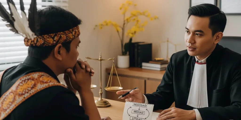 Seorang pengacara bisnis dari Skailaw sedang dengan tenang menjelaskan strategi penyelesaian sengketa kepada kliennya yang tampak lebih lega.