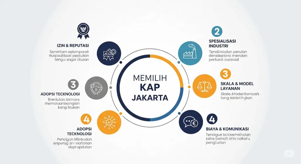 Infografis yang menampilkan 5 kriteria penting dalam memilih KAP di Jakarta, termasuk izin OJK, spesialisasi, dan teknologi.