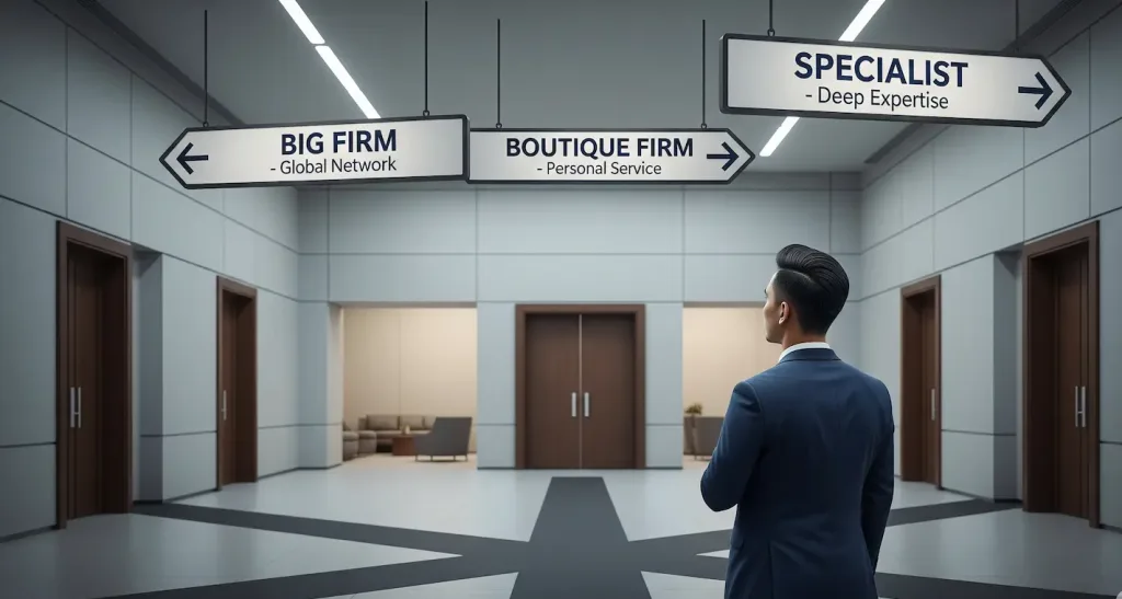 Seorang pebisnis sedang di persimpangan jalan dalam sebuah lobi kantor modern, memilih antara berbagai tipe law firm di Jakarta Selatan.