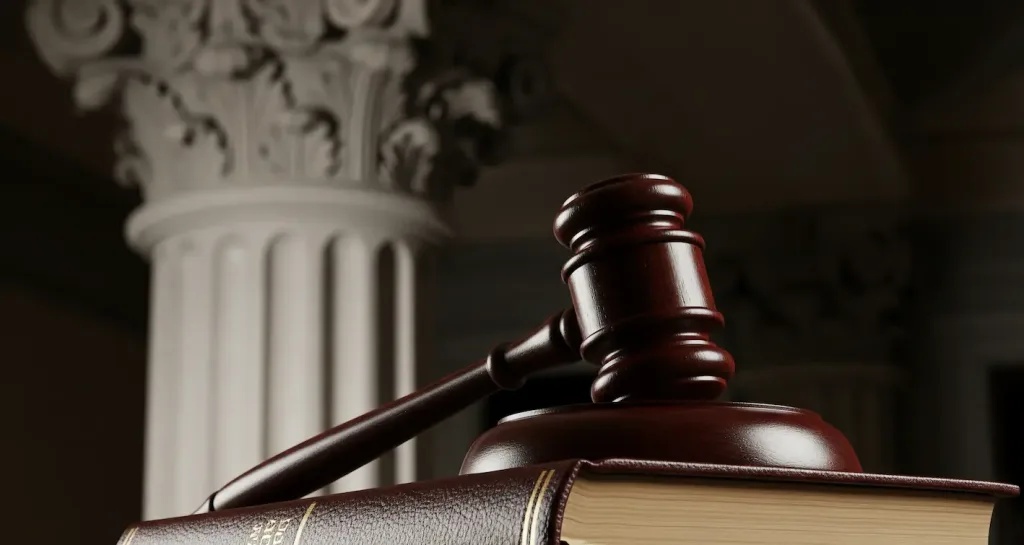 Palu hakim yang tergeletak di atas buku hukum di depan pilar pengadilan, melambangkan firma hukum litigasi.