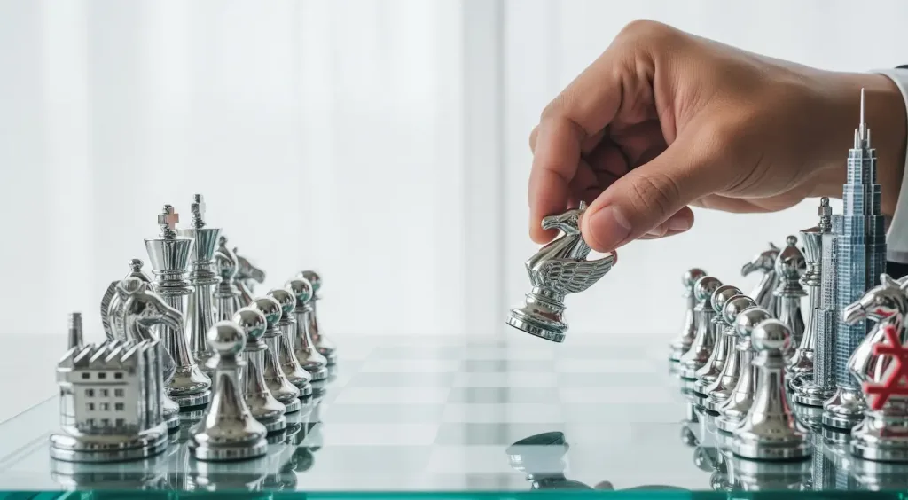 Seorang konsultan pajak perusahaan secara strategis menempatkan bidak catur untuk melindungi aset dan pertumbuhan bisnis kliennya.