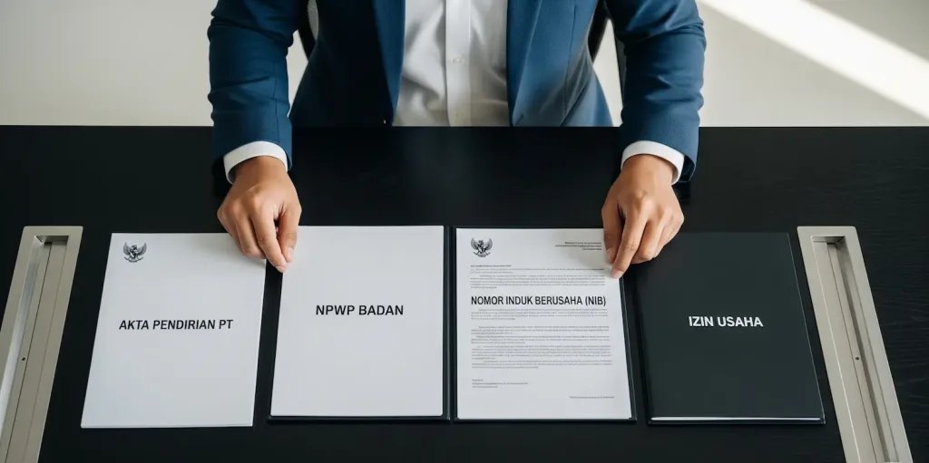 Tangan seorang profesional dari biro jasa legalitas sedang menyusun dokumen-dokumen penting perusahaan di atas meja kerja.