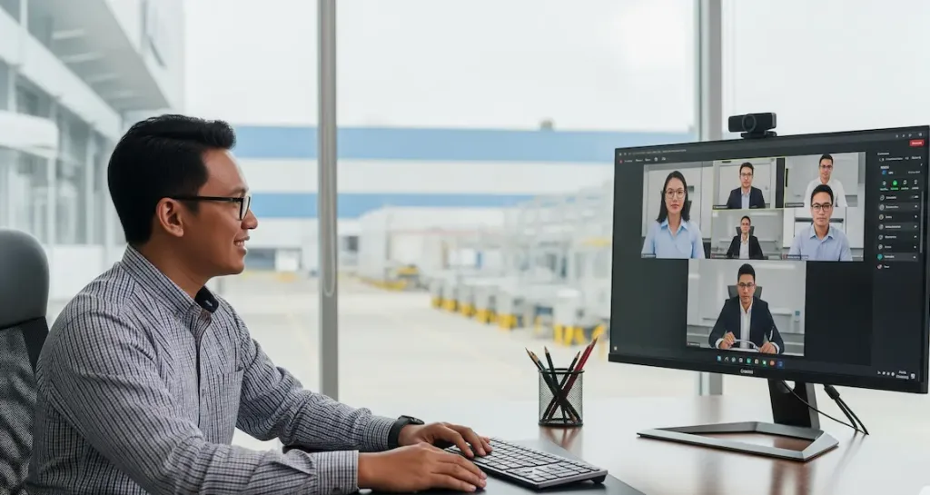 Seorang manajer di kantornya di Surabaya sedang tersenyum saat melakukan video call dengan tim konsultan pajaknya.