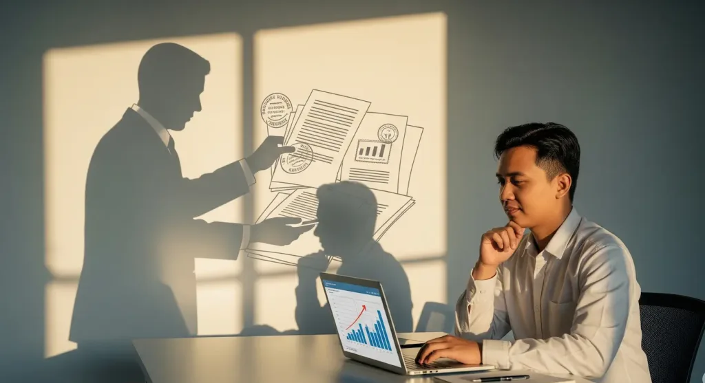 Seorang pemilik bisnis yang santai fokus pada laptopnya, sementara di latar belakang bayangan seorang profesional mengurus dokumen legal yang rumit.