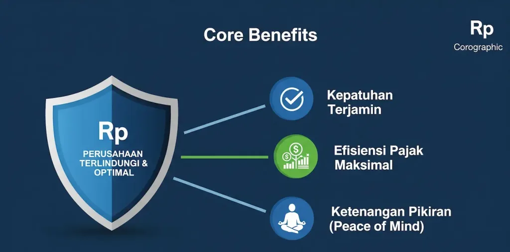 Seorang direktur perusahaan yang puas sedang melihat berbagai manfaat konsultan pajak yang ditampilkan dalam bentuk infografis.