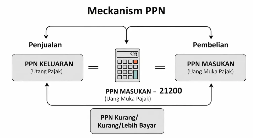 Diagram mekanisme perhitungan PPN Kurang Bayar dari selisih PPN Keluaran dan PPN Masukan.