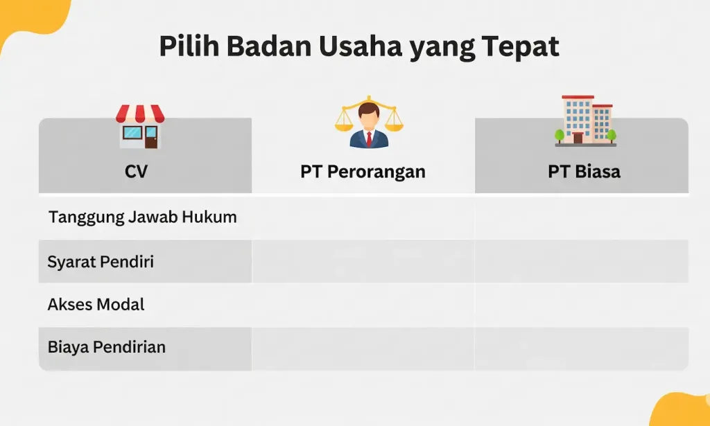 Infografis yang membandingkan karakteristik badan usaha PT, CV, dan PT Perorangan untuk membantu pemilihan.