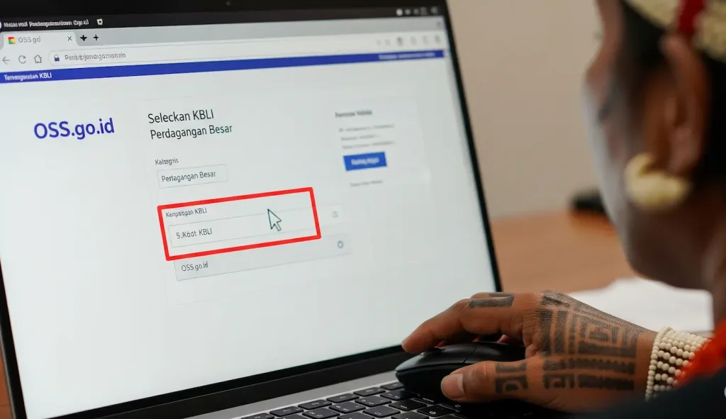 Tangan seorang pengusaha sedang dengan teliti memilih kode KBLI Perdagangan yang tepat di laman situs OSS.
