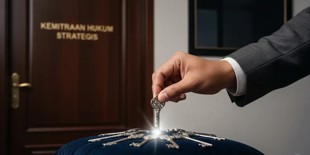 Tangan seorang eksekutif bisnis sedang memilih satu kunci yang tepat dari beberapa pilihan untuk membuka pintu kemitraan hukum.