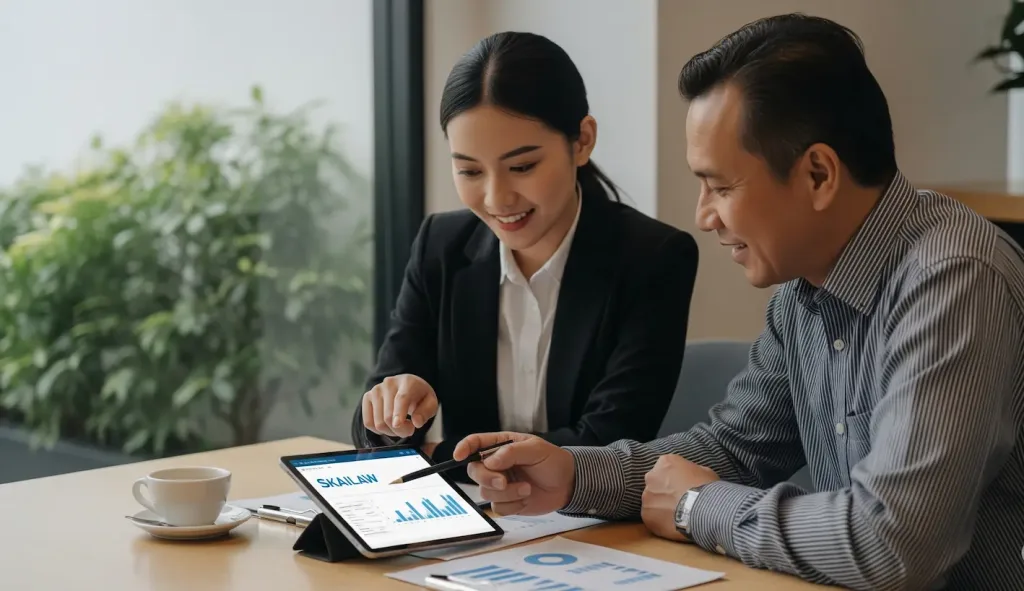 Seorang pemimpin bisnis sedang melakukan pertemuan tatap muka yang produktif dengan konsultan pajaknya di lokasi yang nyaman.