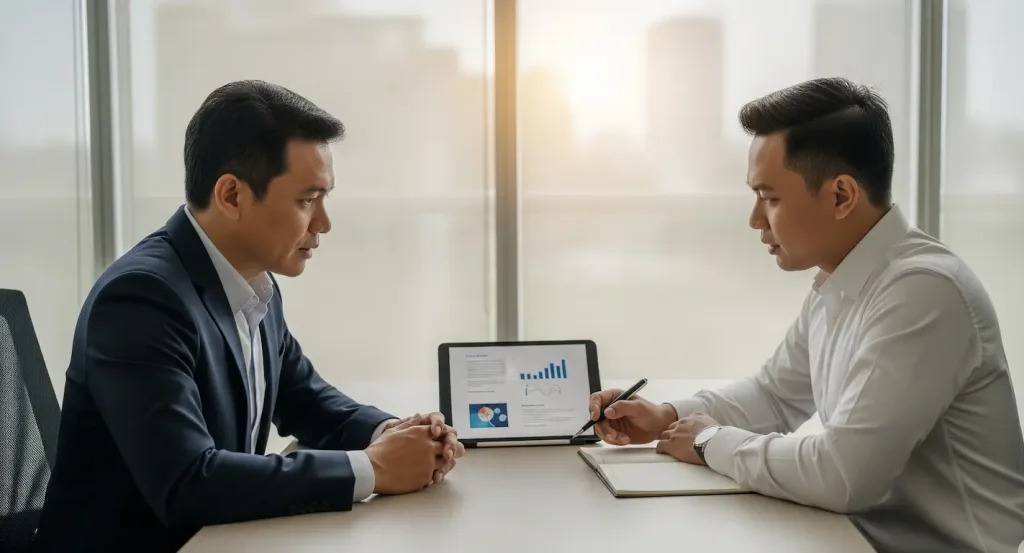 Seorang CEO sedang melakukan pertemuan tatap muka yang produktif dengan pengacara perusahaan pilihannya di sebuah kantor di Jakarta Selatan.