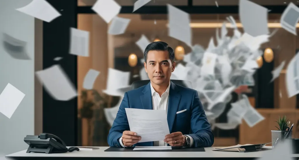 Seorang pengusaha yang tenang menghadapi surat pemeriksaan pajak berkat persiapan yang matang.