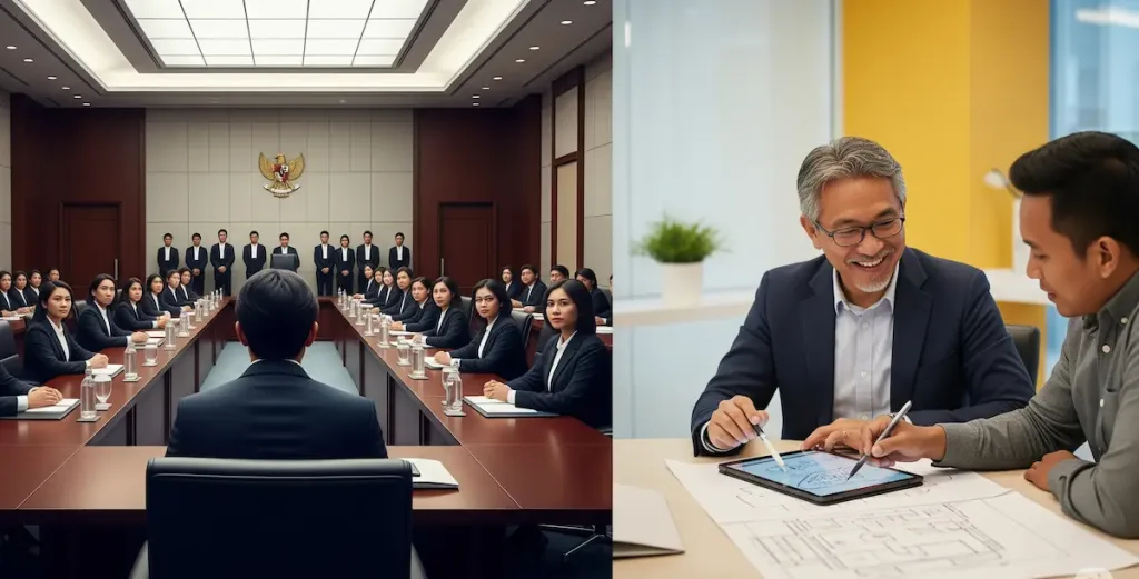 Perbandingan suasana rapat di firma hukum besar yang formal dengan firma butik yang lebih personal dan kolaboratif.