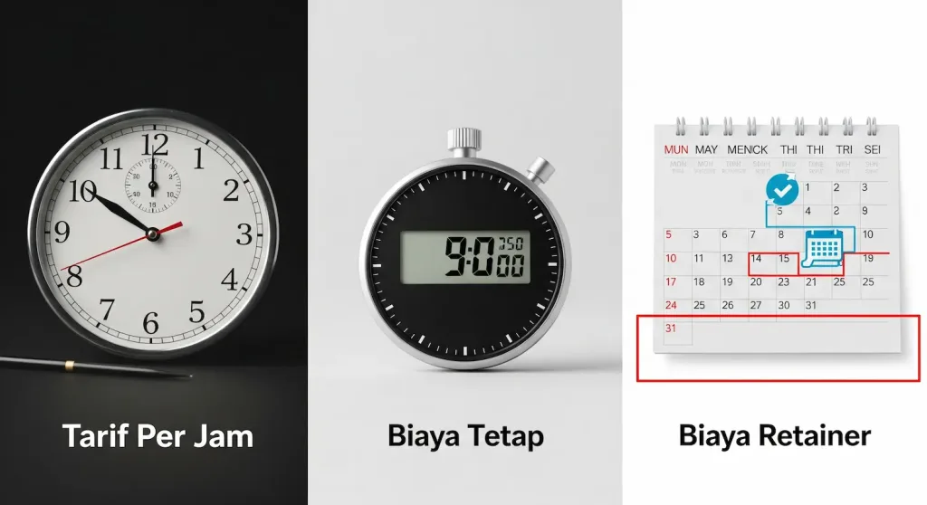Tiga buah jam yang berbeda melambangkan model tarif law firm: jam yang terus berdetak untuk tarif per jam, stopwatch untuk biaya tetap, dan kalender untuk retainer.