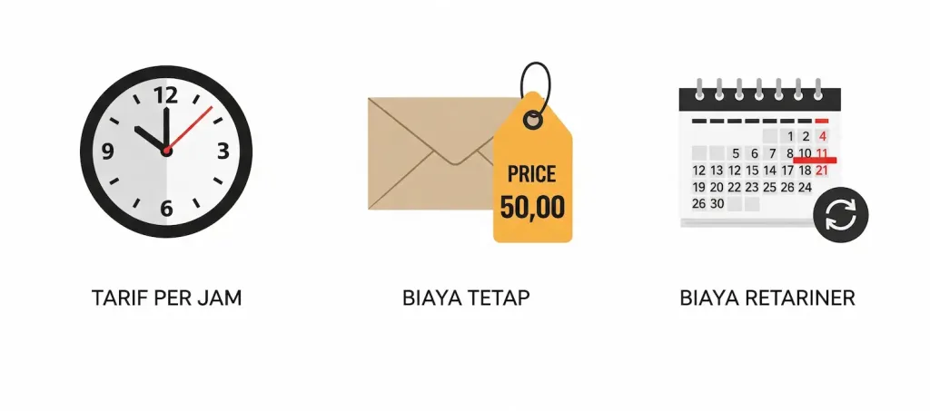 Perbandingan visual tiga model tarif jasa hukum: tarif per jam, biaya tetap, dan retainer bulanan.