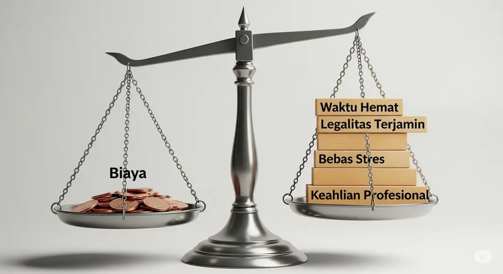Sebuah timbangan yang menunjukkan bahwa nilai yang didapat dari jasa pembuatan PT profesional lebih berat daripada biayanya.