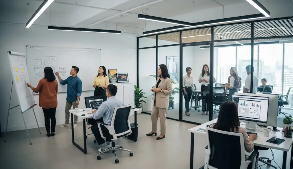 Suasana kerja di sebuah agensi kreatif modern yang profesional, menunjukkan pentingnya memahami pajak perusahaan jasa.