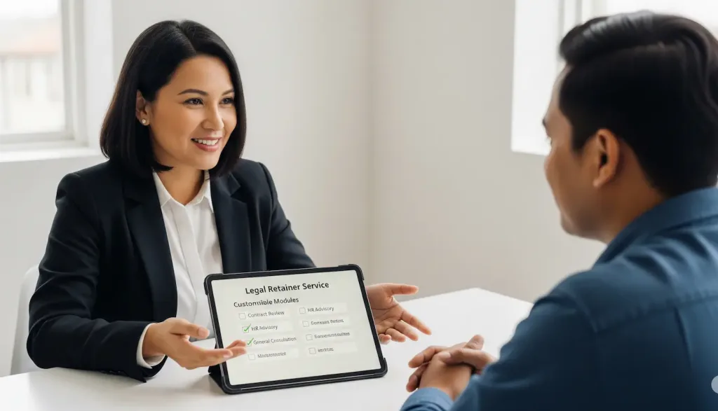 Seorang konsultan dari Skailaw sedang menjelaskan paket legal retainer service yang disesuaikan kepada seorang klien bisnis.