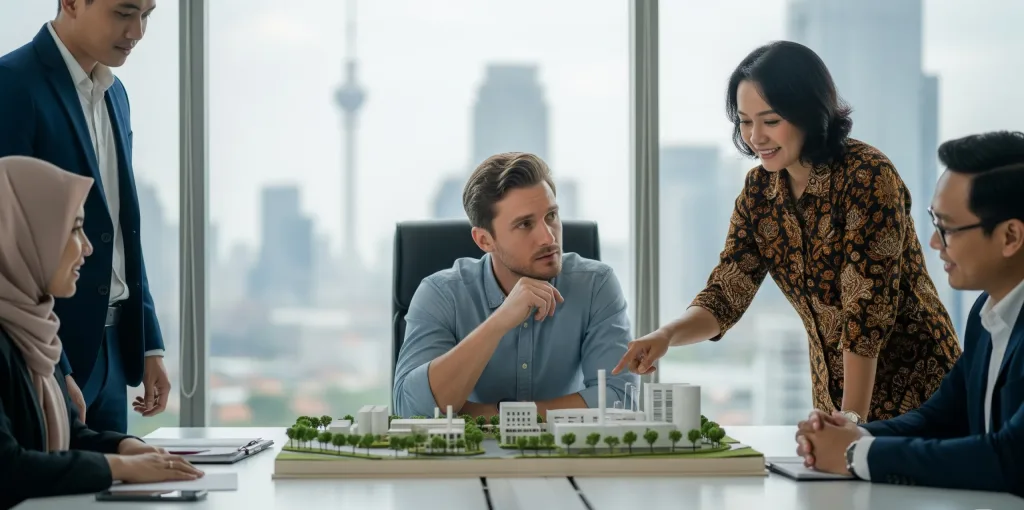 Investor asing dan mitra lokal sedang mendiskusikan rencana investasi di Indonesia di depan model arsitektur.