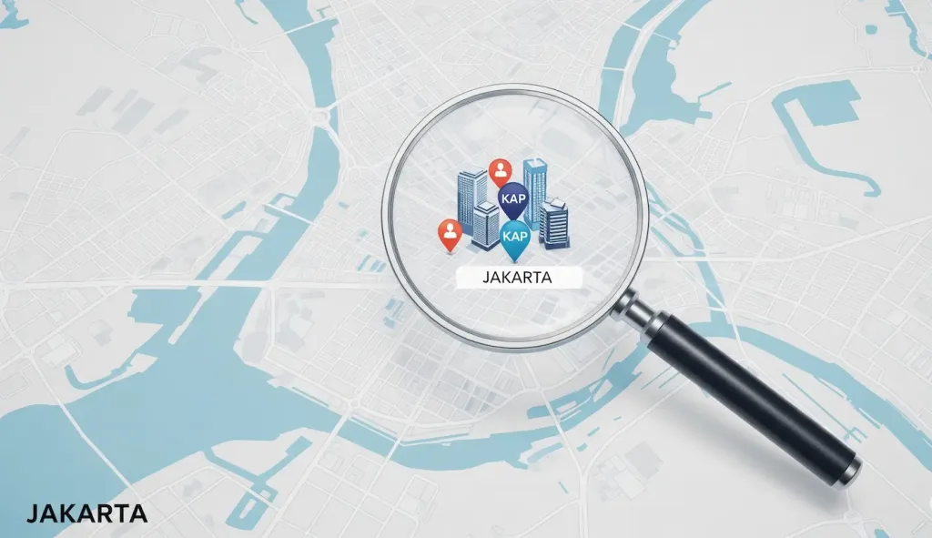 Sebuah kaca pembesar sedang menyeleksi ikon-ikon gedung KAP di peta kota Jakarta, melambangkan proses memilih kantor akuntan publik yang tepat.