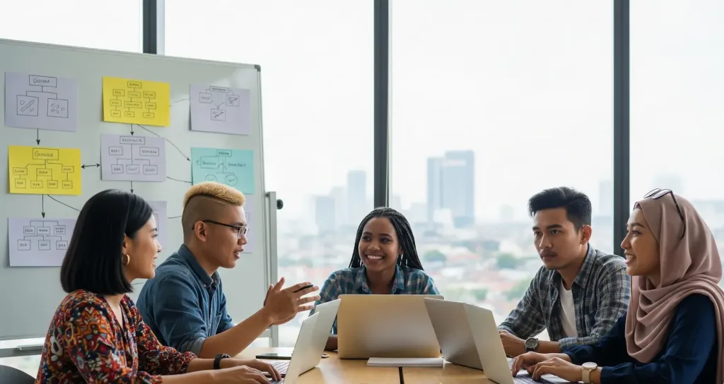 Sebuah tim startup sedang berkolaborasi di kantor modern mereka di Jakarta Selatan.