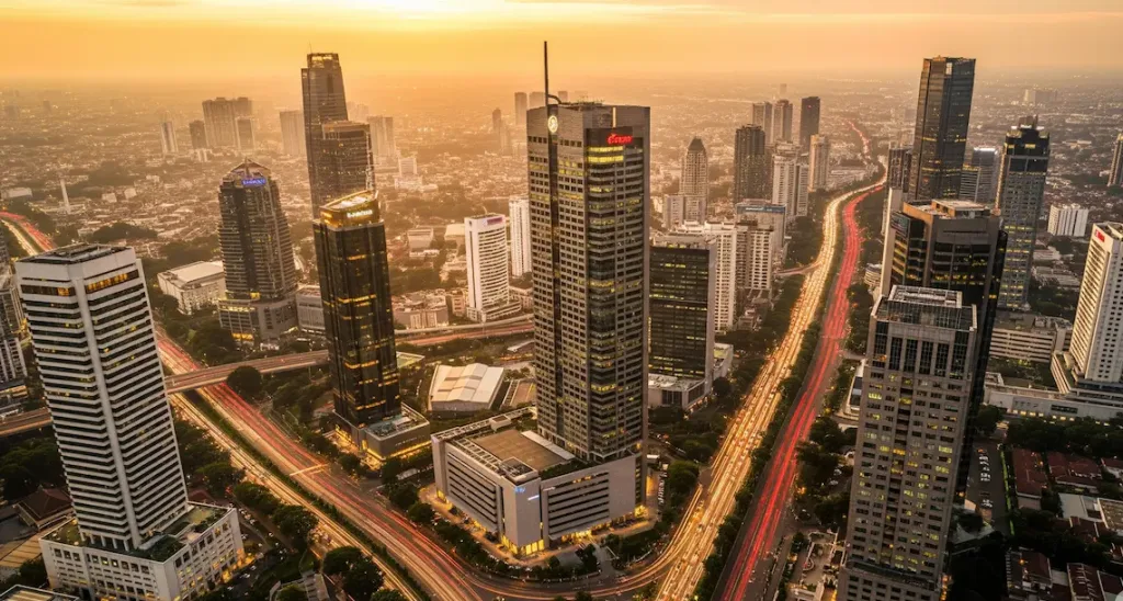 Pemandangan udara kawasan bisnis SCBD di Jakarta Selatan, pusat konsentrasi kantor hukum terbaik.