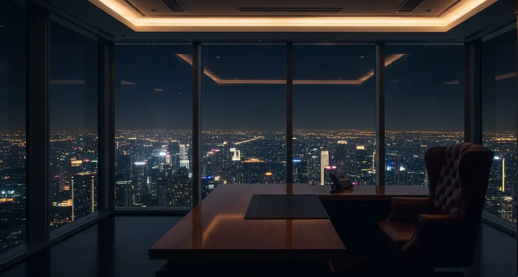 Pemandangan malam dari sebuah kantor mewah di gedung perkantoran bergengsi di Jakarta Selatan.