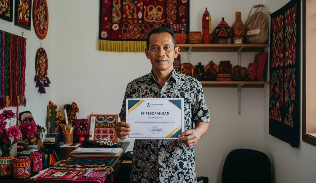 Seorang pengusaha mikro yang bangga berdiri di depan usahanya sambil memegang sertifikat pendirian PT Perorangan miliknya.