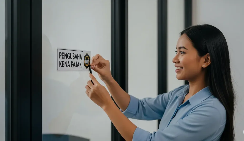 Seorang pemilik bisnis yang bangga menempelkan stiker "Pengusaha Kena Pajak" di pintu kantornya yang modern.